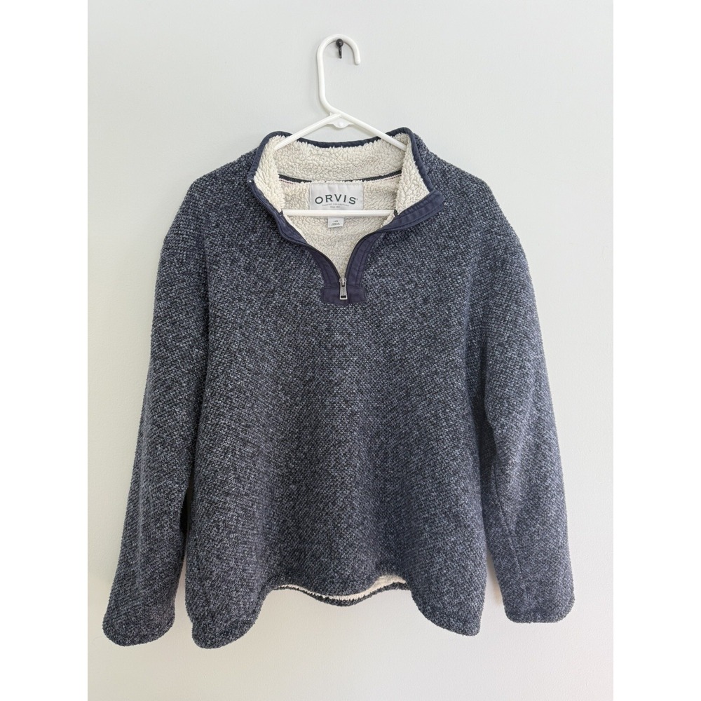 Orvis Mens Pullover Mens Size Large Navy Blue 1/4 Zip Sweater Sherpa Lined Adult